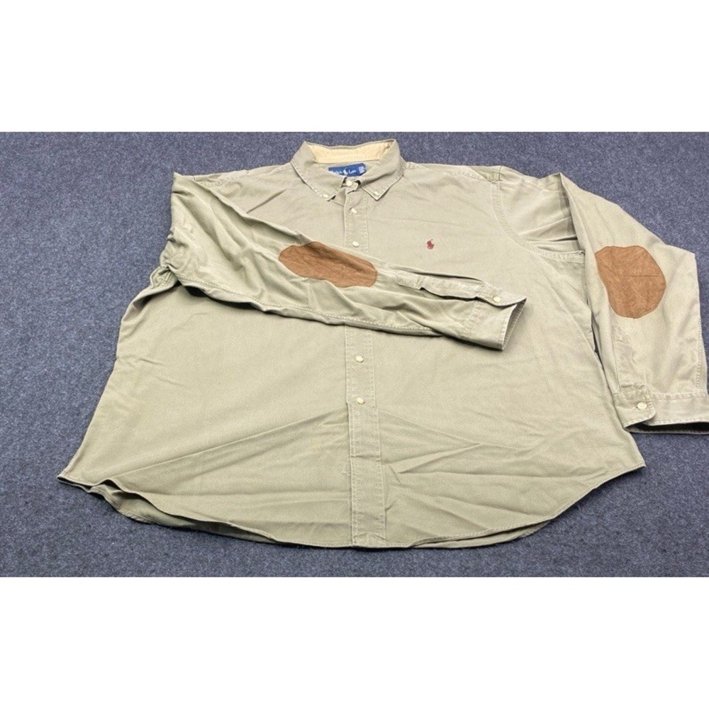 Ralph Lauren Button Down Shirt Mens XXL Olive Green Elbow Patches Classic Fit